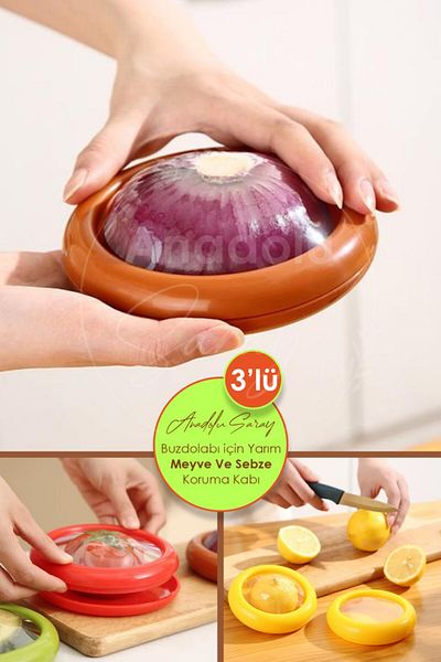 Anadolu Saray 3Pcs Fridge Half Fruit and Vegetable Preservation Container Lemon Onion Tomato Storage Box