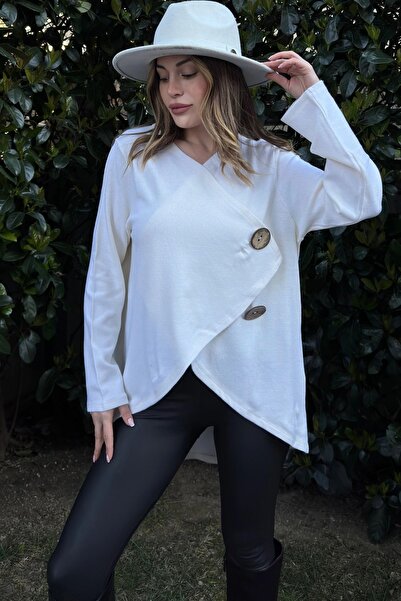 Juuuj Women's Ecru Asymmetrical Cut, Buttoned, Loose Cardigan Blouse