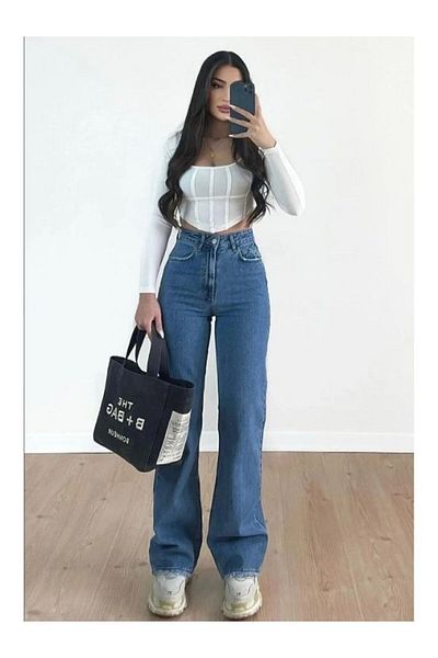 kotmodası Pantaloni de jeans cu talie super înaltă, albastru mijlociu Palazzo, creștini din anii 90