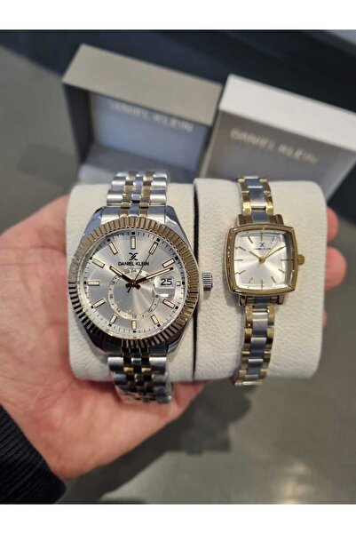Daniel Klein Metalic Grey-Gold Couple Lover Watch and Bracelet with Gift