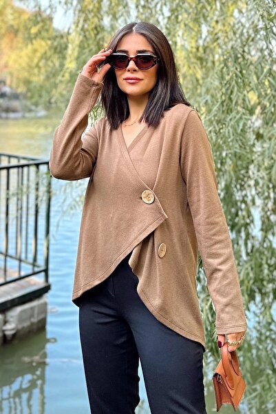 Juuuj Women's Mink Asymmetric Cut, Buttoned, Loose Cardigan Blouse