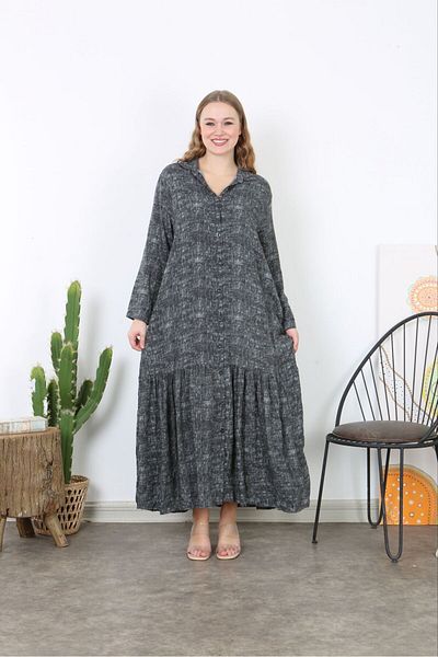 Şans Women's Plus Size Gray Woven Viscose Length Button-Down Long Dress with Pockets 65N38738