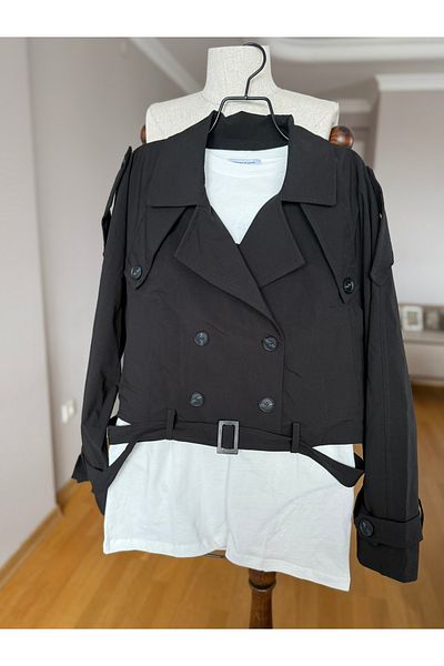 Natavanbutık Black Color Belted Oversize Short Trench Coat