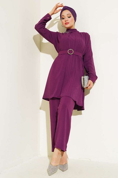 moda periy Women's Jewelled Collar Pleated Tunic Pants Suit Hijab Combination
