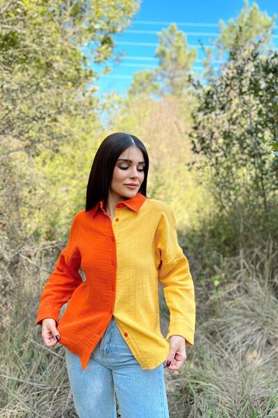 Juuuj Țesătură de muselină portocalie și galbenă pentru femei, bloc dublu, fustă ovală, mânecă lungă, cămașă cu croială normală