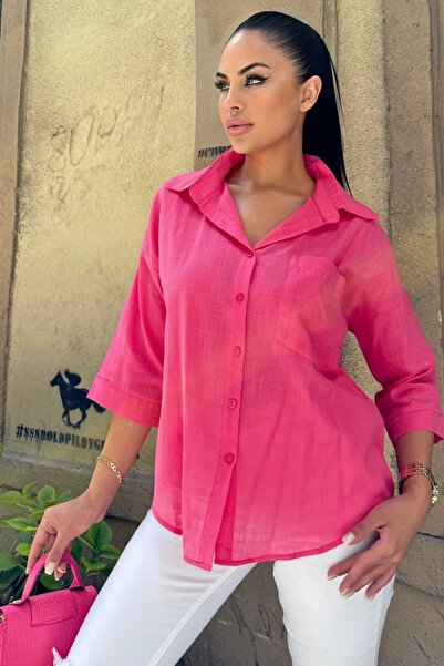 Juuuj قميص نسائي فوشيا بأكمام ثلاثة أرباع، قصة بيضاوية، مضاد للتعرق، قميص كتا...