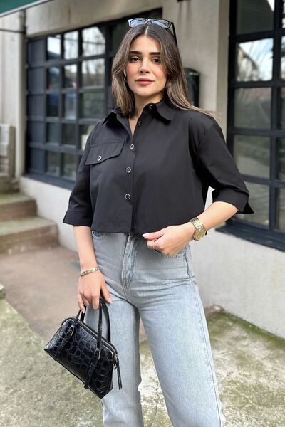 Juuuj Kadın siyah Yarım Kol, Cep Ve Kol Detaylı, Terikoton Kumaş, Crop Gömlek