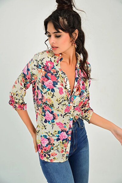 Juuuj Cămașă de damă cu mânecă lungă cu guler clasic ecru cu model floral