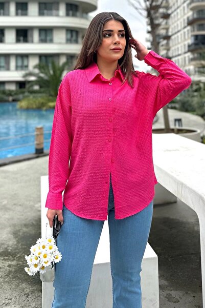 Juuuj Model de bază fucsia de damă, țesătură seersucker, cămașă casual