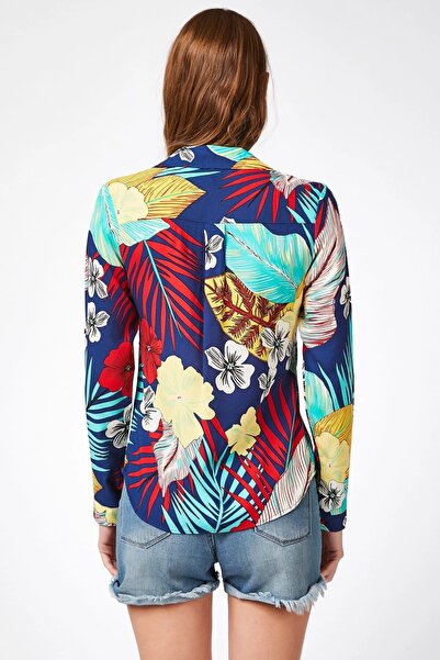 Juuuj Cămașă de damă, multicoloră, cu guler clasic, cu mânecă lungă, cu model floral, mărime standard, linie standard