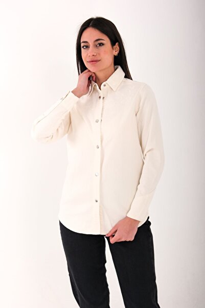 Blues Outlet ДАМСКА РИЗА С БРОДИРАНИ КОПЧЕТА, ПАМУЧНА - КРЕМАВА