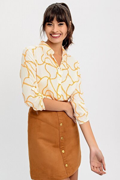 Juuuj Cămașă de damă ecru cu mânecă lungă cu model de lanț - croială dreaptă și purtați