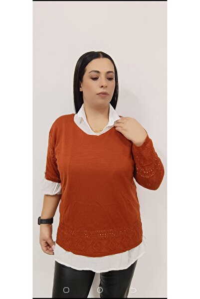 AKŞEN GİYİM Büyük Beden Örme Ajurlu Yumoş Triko Bluz Ve Beyaz Pamuk Gömlek Ko...