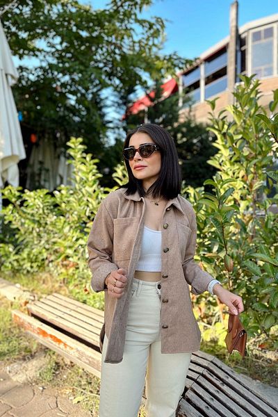NEW LAVİVA سترة نسائية من فرو المنك بأكمام طويلة، جيوب مزدوجة، تنورة بيضاوية، سترة قميص