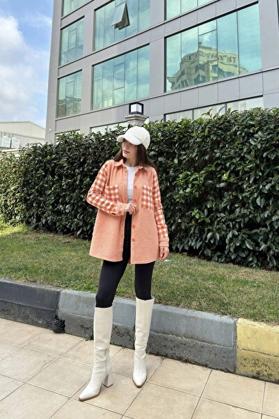 Juuuj Buzunar dublu portocaliu de damă, model în carouri, croială confortabilă, cămașă ștanțată