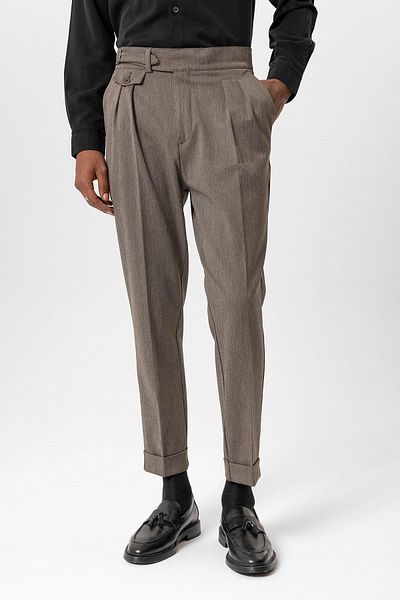 Antioch Light Brown Buckle Detailed High Waist Men's Trousers
