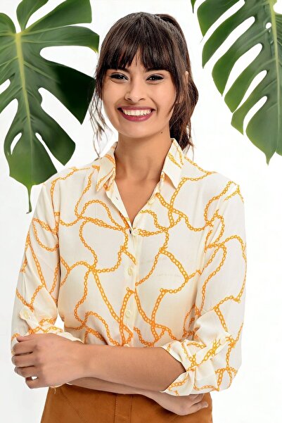 Juuuj Cămașă de damă ecru cu mânecă lungă cu model de lanț - croială dreaptă și purtați