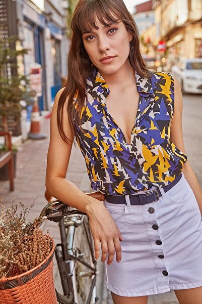 Juuuj Bluză de damă, cu model multicolor, cu guler clasic, cu mânecă lungă, croială obișnuită, lungime standard