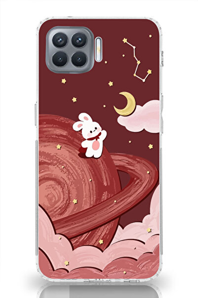 moonset Oppo Reno 4 Lite Uyumlu Sevimli Tavşan Tasarımlı Baskılı Şeffaf Telef...