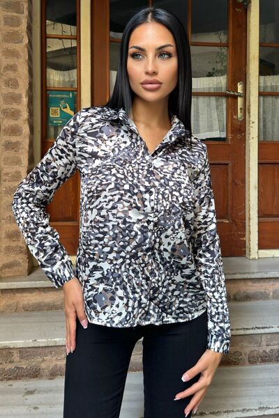 Juuuj Черна риза с леопардов принт, дълъг ръкав, класическа кройка, сатен