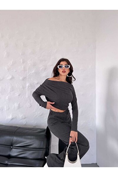 Xenthe طقم بلوزة وبنطلون نسائي عصري أنيق بكتف واحد مكشوف من الأنترازيت