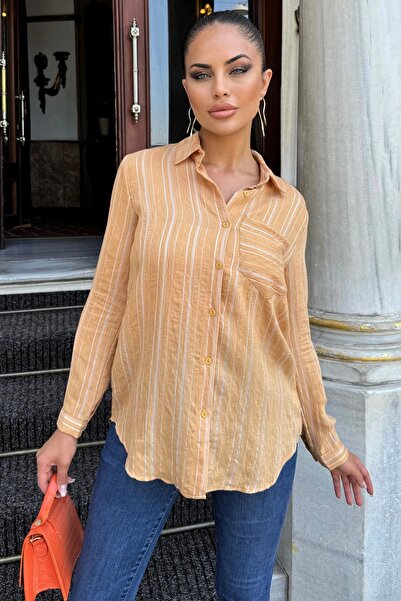 Juuuj Γυναικείο πουκάμισο με ριγέ σχέδιο καραμέλας, μακρυμάνικο, άνετο κοψίμα...