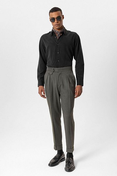 Antioch Khaki Buckle Detailed High Waist Men's Trousers