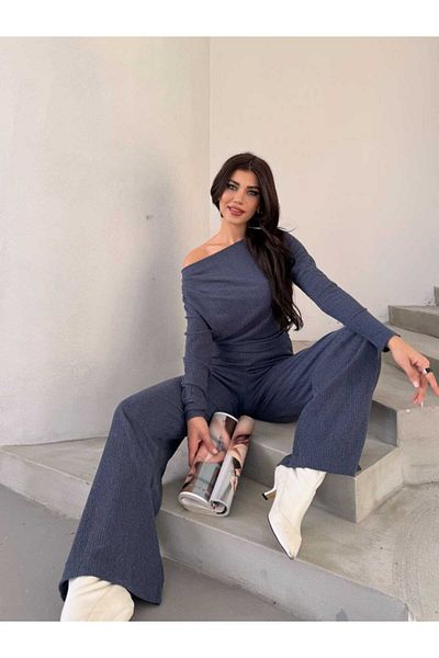 Xenthe Women's Bottom-Top Indigo One-Shoulder Open-Shoulder Pants-Bluz Suit