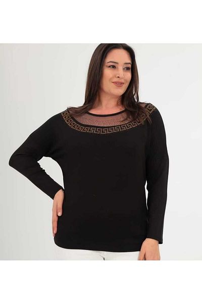 Esina Women's Strawberry Knitted Stone and Tulle Detailed Blouse