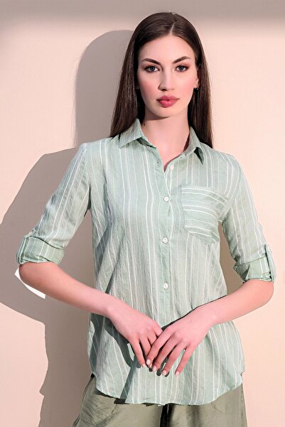 Juuuj قميص نسائي أخضر طويل الأكمام من القماش المخصص بجيب واحد وخطوط مستقيمة و...