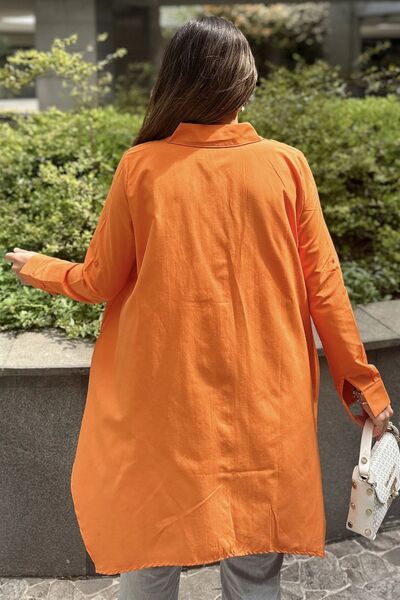Juuuj Cămașă tunică largi din bumbac, cu mâneci lungi, cu croială asimetrică, portocalie