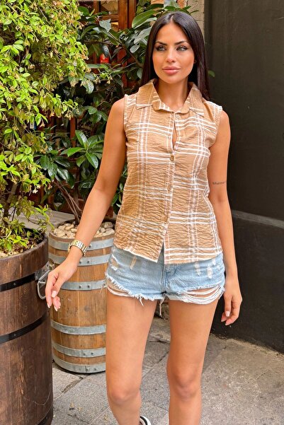 Juuuj Γυναικείο μπεζ καρό σχέδιο, υφασμάτινο ύφασμα με υφή, αμάνικο άνετο πουκάμισο