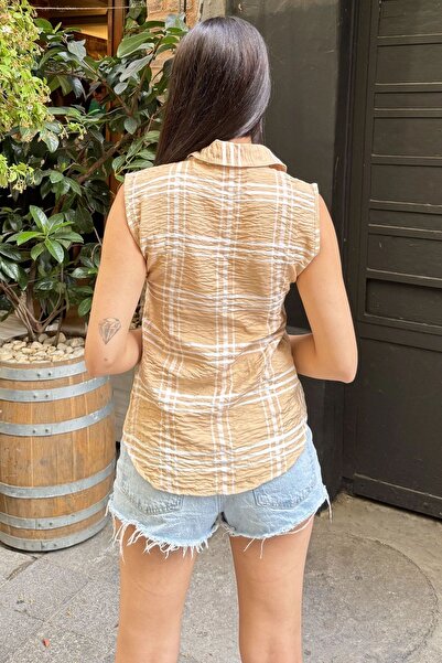 Juuuj Γυναικείο μπεζ καρό σχέδιο, υφασμάτινο ύφασμα με υφή, αμάνικο άνετο πουκάμισο