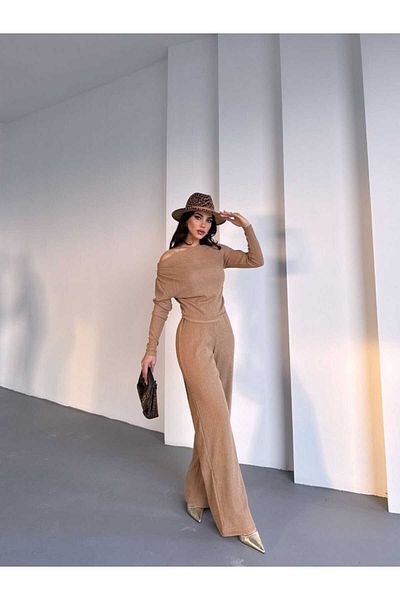 Xenthe Women's Bottom-Top Beige One-Shoulder Open-Shoulder Pants-Bluz Suit