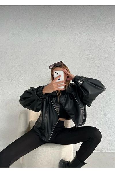 mypagebutik Schwarze Lederjacke mit Ballonärmeln