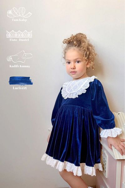 penu baby kids Fusta cu guler din catifea albastru bleumarin și rochie pentru fetiță pentru fetiță cu dantelă la capătul mânecilor-LİA