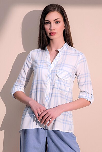 Juuuj Women's Blue Long Sleeve New Fashion Plaid Pattern Single Pocket Prevai...