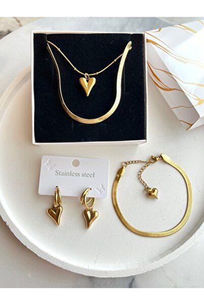 H&T acsessories 4lü Çelik Gold Takı Seti Sevgililer Günü Hediyesi Özel Takı K...