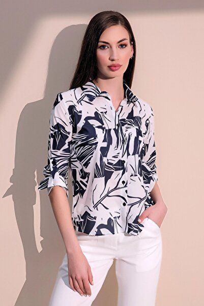 Juuuj Cămașă cu mânecă lungă, cu guler clasic, cu model, albastru marin, în s...