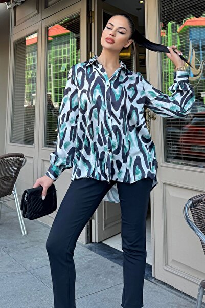 Juuuj Класическа широка риза със зелен сатенен мотив