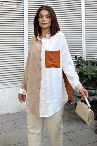 Juuuj Women's Beige & Brick Long Sleeve Detailed Color Block Oversize Shirt Long Tunic Shirt with Pockets