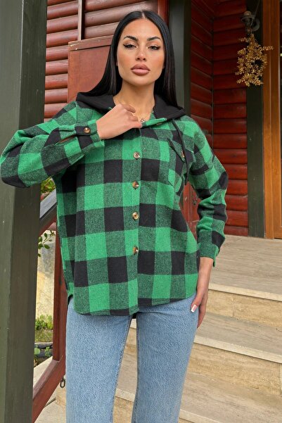 Juuuj Zümrüt Yeşil Ekose Desenli, Yumuşak Dokulu, Kapüşonlu Oduncu Gömlek