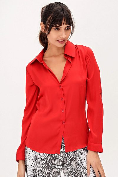 NEW LAVİVA Women's Red Comfortable Classic Collar Long Sleeve Straight Cut Standard Size Shirt