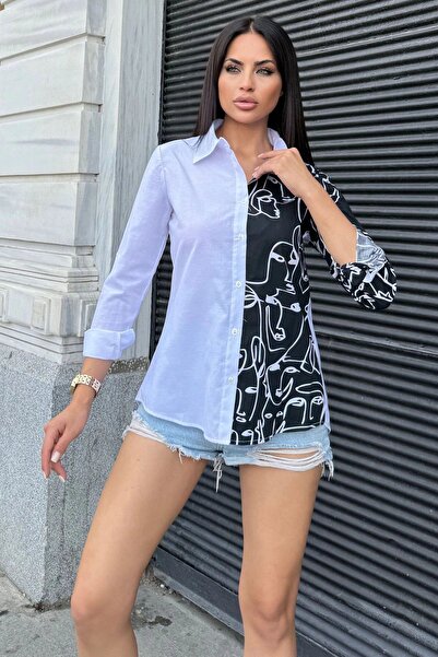 Juuuj Cămașă de damă, albă, cu model în două culori, cu mânecă lungă, croială standard