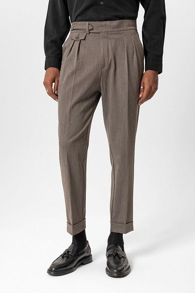 Antioch Light Brown Buckle Detailed High Waist Men's Trousers