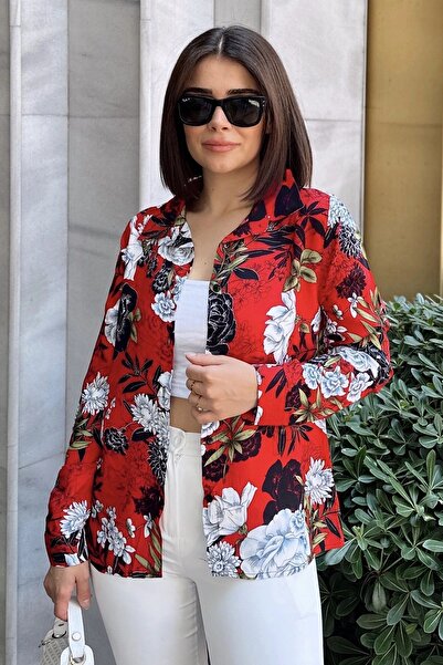 Juuuj Kırmızı Klasik Yaka, Uzun Kol, Digital Baskılı Kumaş, Regular Kalıp/Kesim, Gömlek