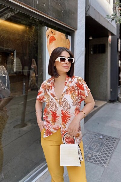 Juuuj Guler clasic portocaliu, mânecă scurtă, țesătură imprimată digital, croială normală, cămașă