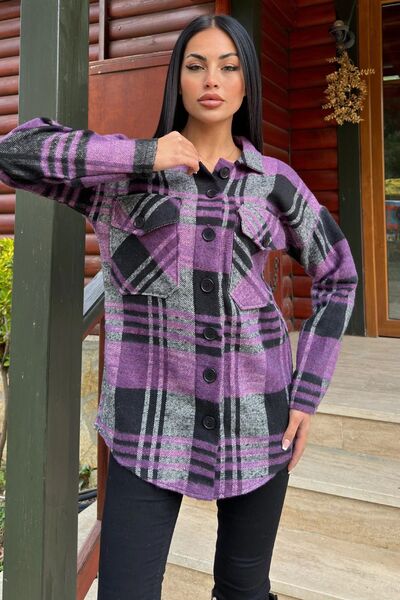 Juuuj Mor Ekose Desenli, Yumuşak Dokulu, Relax Fit, Oduncu Gömlek