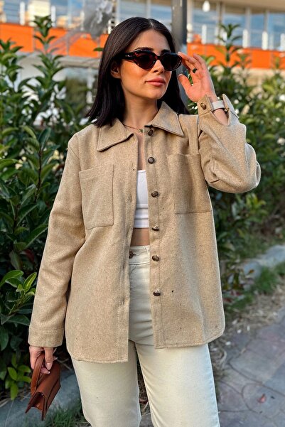 Juuuj Mânecă lungă Camel pentru femei, buzunar dublu, croială ovală pe fustă, jachetă cămașă din cașmir