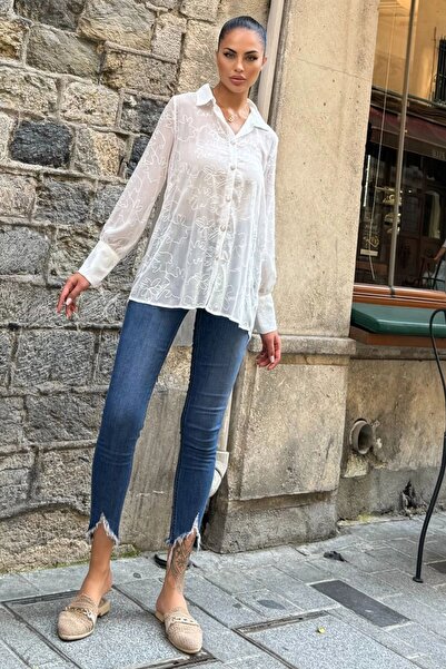 Juuuj Bluză din șifon înfășurată brodat ecru